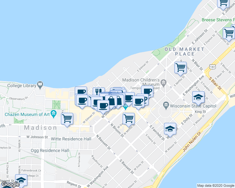 map of restaurants, bars, coffee shops, grocery stores, and more near 124 West Gilman Street in Madison