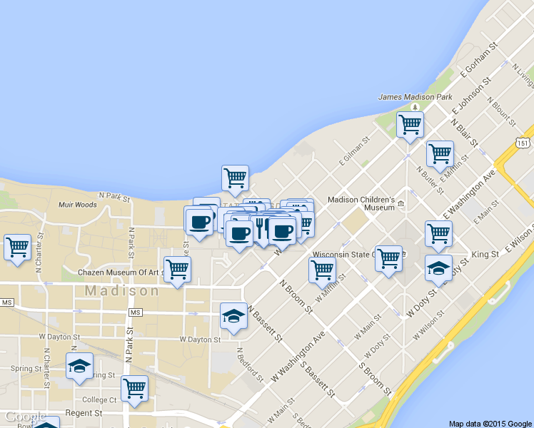 map of restaurants, bars, coffee shops, grocery stores, and more near 141 Langdon Street in Madison