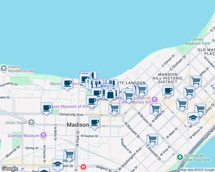 map of restaurants, bars, coffee shops, grocery stores, and more near 627 North Lake Street in Madison