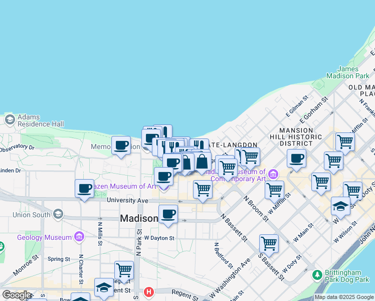 map of restaurants, bars, coffee shops, grocery stores, and more near 627 North Lake Street in Madison
