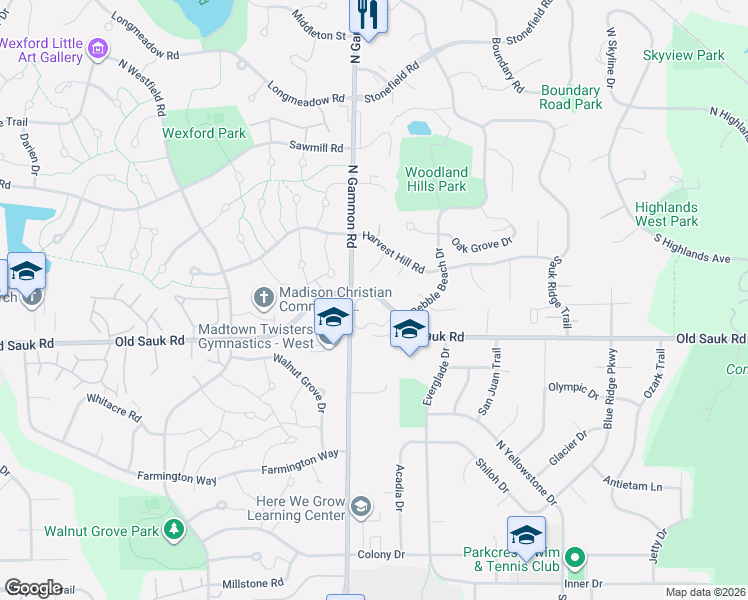 map of restaurants, bars, coffee shops, grocery stores, and more near 23 Firestone Court in Madison