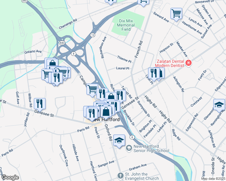 map of restaurants, bars, coffee shops, grocery stores, and more near 27 Richardson Avenue in Utica