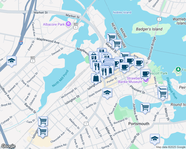map of restaurants, bars, coffee shops, grocery stores, and more near 2 Foundry Place in Portsmouth