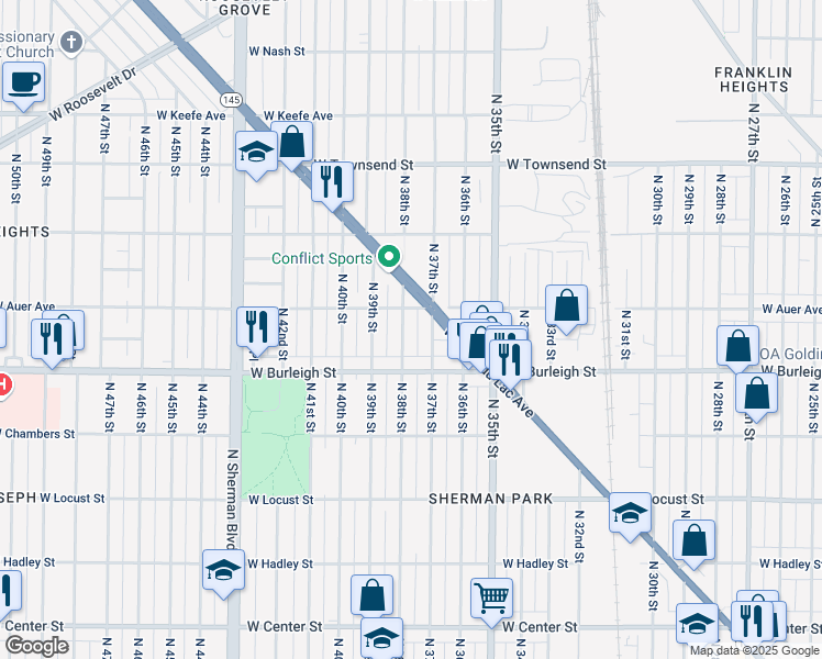 map of restaurants, bars, coffee shops, grocery stores, and more near 41 West Auer Avenue in Milwaukee