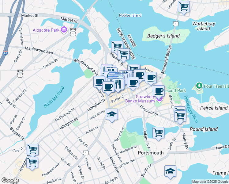 map of restaurants, bars, coffee shops, grocery stores, and more near in Portsmouth