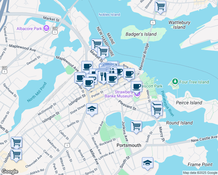 map of restaurants, bars, coffee shops, grocery stores, and more near 3 Congress Street in Portsmouth