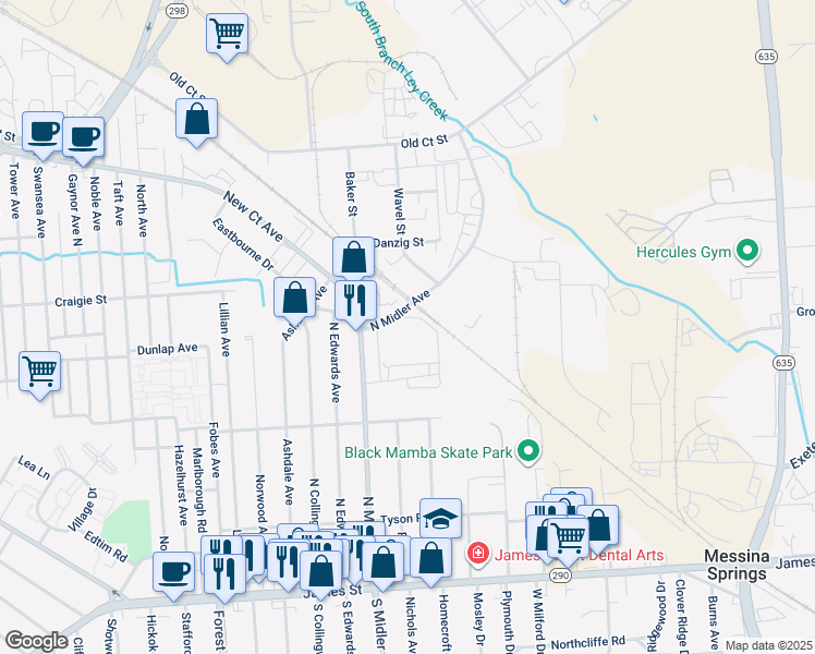 map of restaurants, bars, coffee shops, grocery stores, and more near 400 North Midler Avenue in Syracuse