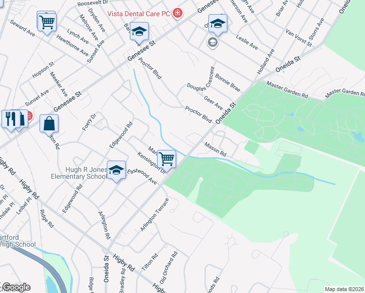 map of restaurants, bars, coffee shops, grocery stores, and more near 2410 Oneida Street in Utica