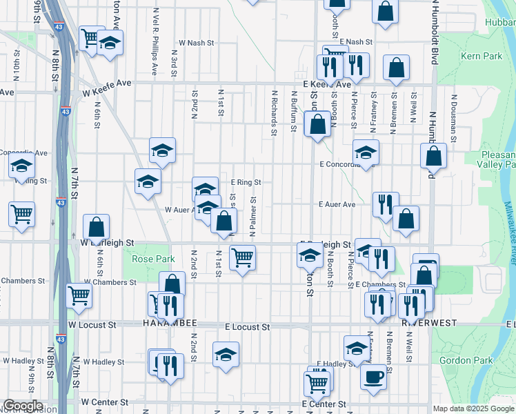 map of restaurants, bars, coffee shops, grocery stores, and more near 3227 North Palmer Street in Milwaukee