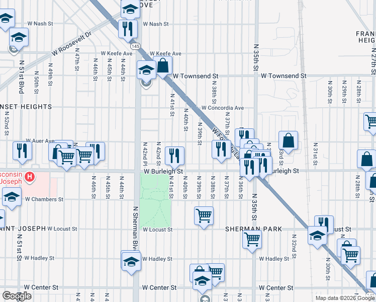 map of restaurants, bars, coffee shops, grocery stores, and more near 3176 North 40th Street in Milwaukee