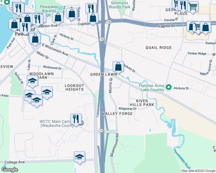 map of restaurants, bars, coffee shops, grocery stores, and more near 141 Morris Street in Pewaukee