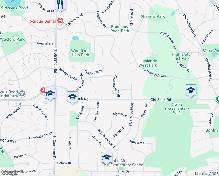 map of restaurants, bars, coffee shops, grocery stores, and more near 724 Sauk Ridge Trail in Madison