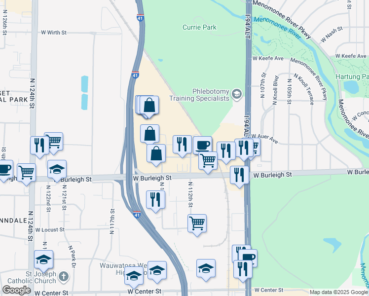 map of restaurants, bars, coffee shops, grocery stores, and more near 11221 Synergy Drive in Wauwatosa