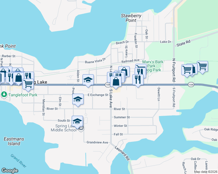 map of restaurants, bars, coffee shops, grocery stores, and more near 116 North Lake Avenue in Spring Lake