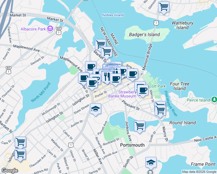 map of restaurants, bars, coffee shops, grocery stores, and more near 3 Congress Street in Portsmouth
