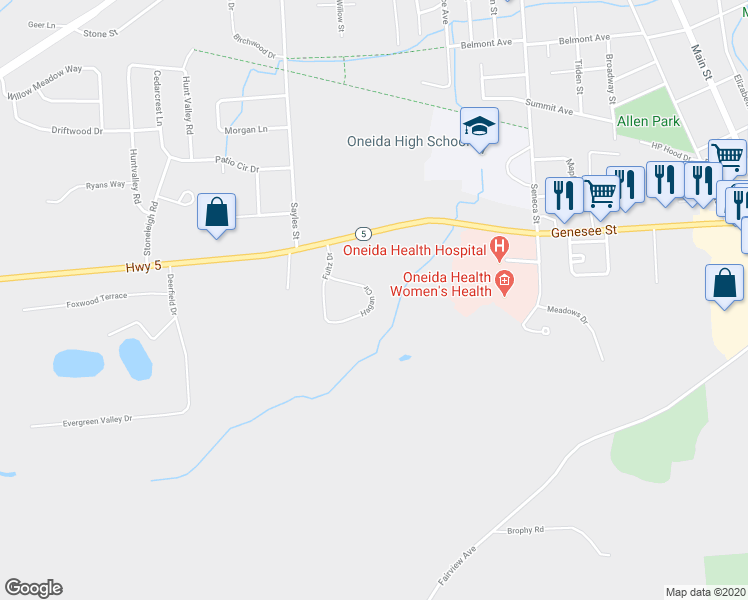 map of restaurants, bars, coffee shops, grocery stores, and more near 126 Hagan Circle in Oneida