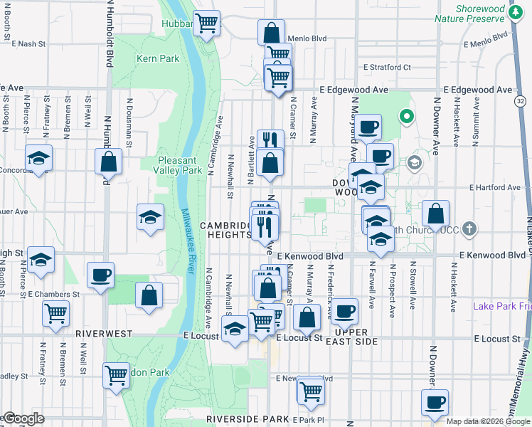 map of restaurants, bars, coffee shops, grocery stores, and more near 3237 North Oakland Avenue in Milwaukee