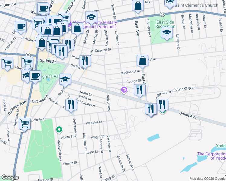 map of restaurants, bars, coffee shops, grocery stores, and more near 6 Mitchell Street in Saratoga Springs