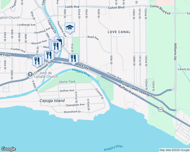 map of restaurants, bars, coffee shops, grocery stores, and more near 9343 Buffalo Avenue in Niagara Falls