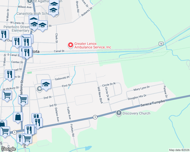 map of restaurants, bars, coffee shops, grocery stores, and more near 0 Will New Boulevard in Canastota