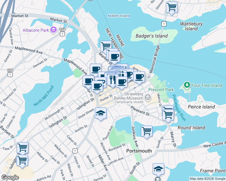 map of restaurants, bars, coffee shops, grocery stores, and more near 3 Congress Street in Portsmouth