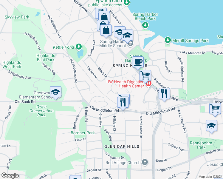 map of restaurants, bars, coffee shops, grocery stores, and more near 5315 Brody Drive in Madison
