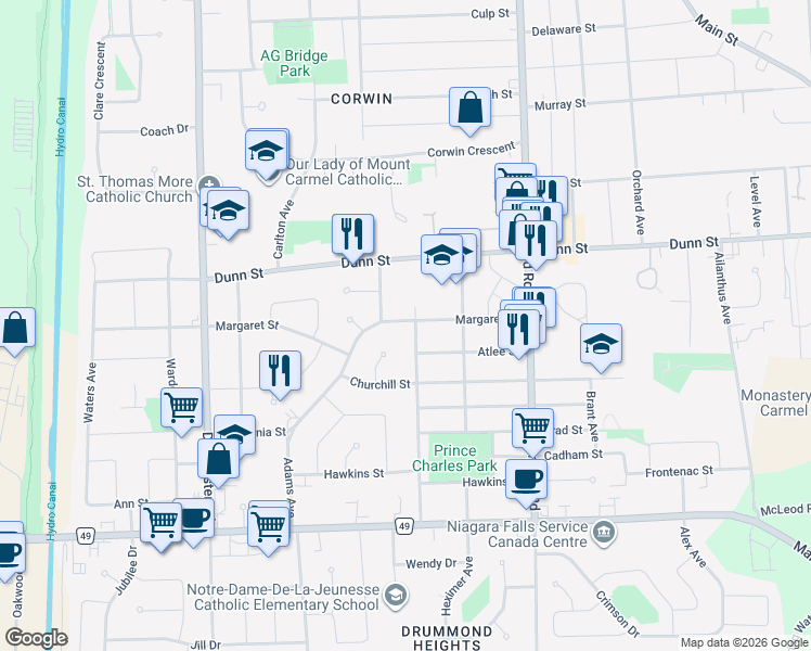 map of restaurants, bars, coffee shops, grocery stores, and more near 6825 Dell Avenue in Niagara Falls