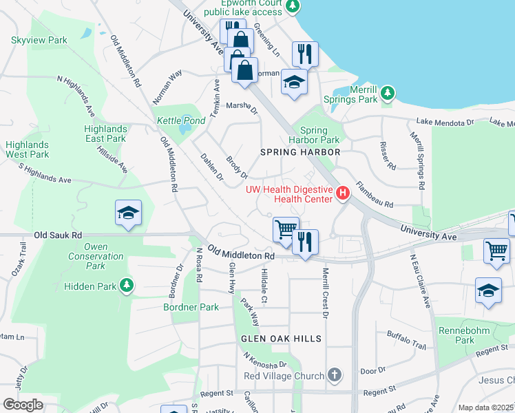 map of restaurants, bars, coffee shops, grocery stores, and more near 5315 Brody Drive in Madison
