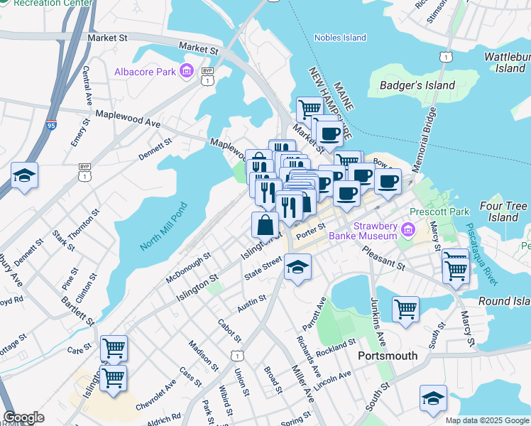 map of restaurants, bars, coffee shops, grocery stores, and more near 2 Foundry Place in Portsmouth