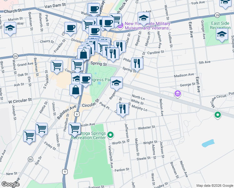 map of restaurants, bars, coffee shops, grocery stores, and more near 125 Regent Street in Saratoga Springs