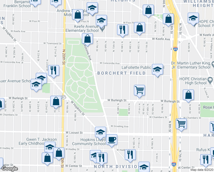 map of restaurants, bars, coffee shops, grocery stores, and more near 3207 North 16th Street in Milwaukee