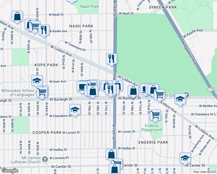 map of restaurants, bars, coffee shops, grocery stores, and more near 3205 North 76th Street in Milwaukee