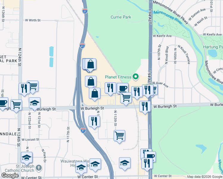 map of restaurants, bars, coffee shops, grocery stores, and more near 11221 Synergy Drive in Wauwatosa