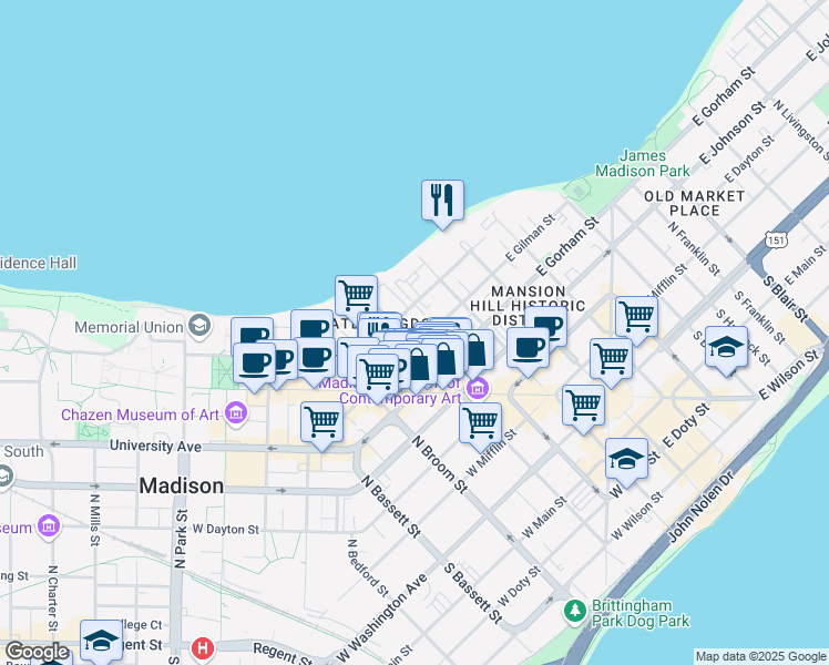 map of restaurants, bars, coffee shops, grocery stores, and more near 124 West Gilman Street in Madison