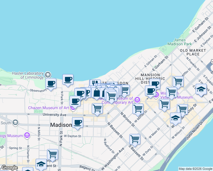 map of restaurants, bars, coffee shops, grocery stores, and more near 220 East Lakelawn Place in Madison
