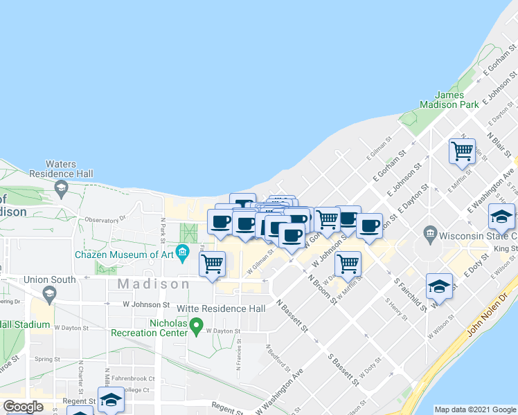 map of restaurants, bars, coffee shops, grocery stores, and more near 220 East Lakelawn Place in Madison