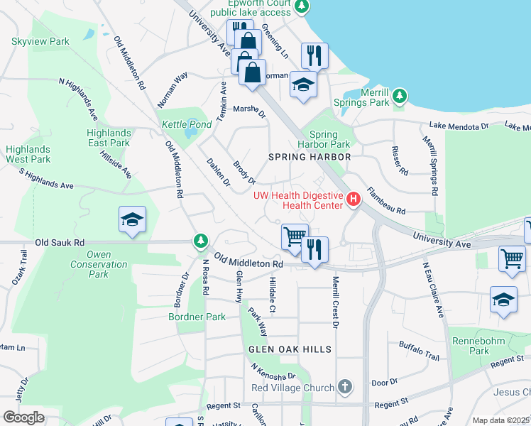 map of restaurants, bars, coffee shops, grocery stores, and more near 5315 Brody Drive in Madison
