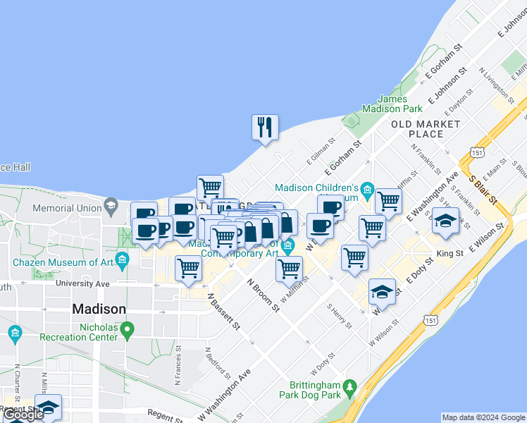 map of restaurants, bars, coffee shops, grocery stores, and more near 131 West Gilman Street in Madison
