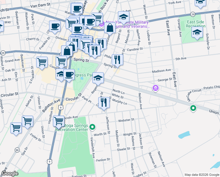 map of restaurants, bars, coffee shops, grocery stores, and more near 48 Union Avenue in Saratoga Springs