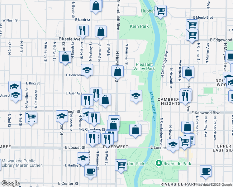 map of restaurants, bars, coffee shops, grocery stores, and more near N Humboldt Blvd & E Auer Ave in Milwaukee