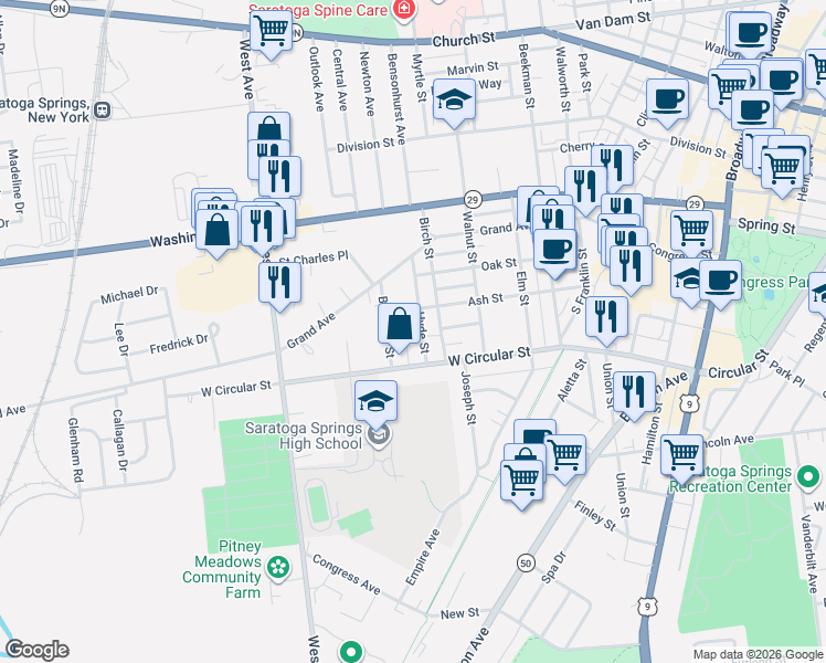 map of restaurants, bars, coffee shops, grocery stores, and more near 162 Ash Street in Saratoga Springs