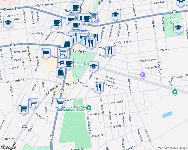 map of restaurants, bars, coffee shops, grocery stores, and more near 125 Regent Street in Saratoga Springs