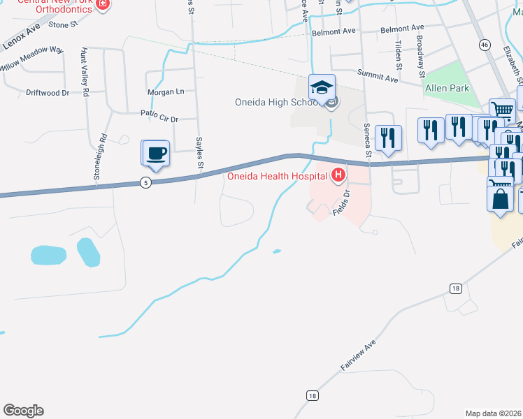 map of restaurants, bars, coffee shops, grocery stores, and more near 134 Hagan Circle in Oneida