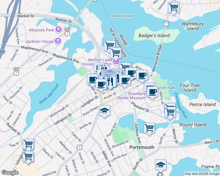 map of restaurants, bars, coffee shops, grocery stores, and more near 75 Congress Street in Portsmouth