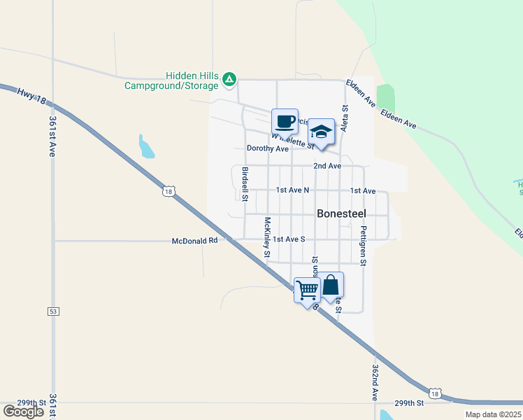 map of restaurants, bars, coffee shops, grocery stores, and more near 405 McKinley Street in Bonesteel