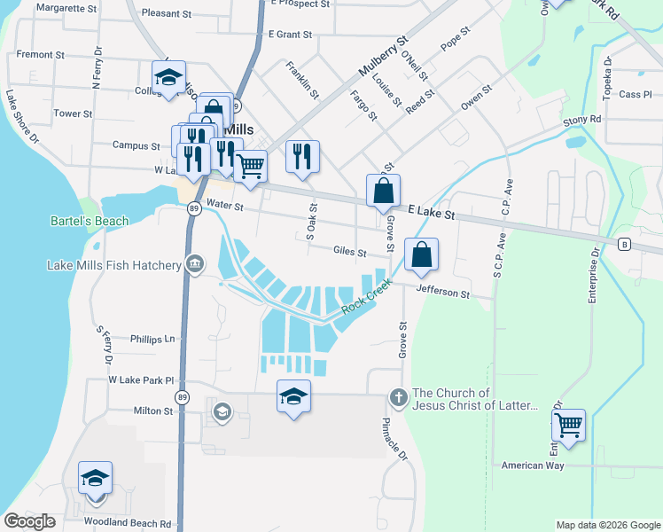 map of restaurants, bars, coffee shops, grocery stores, and more near 430 Giles St in Lake Mills
