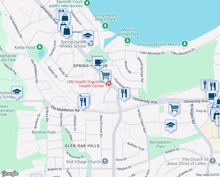 map of restaurants, bars, coffee shops, grocery stores, and more near 727 University Row in Madison