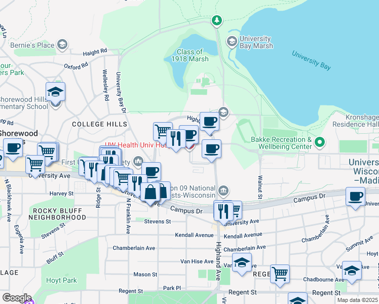 map of restaurants, bars, coffee shops, grocery stores, and more near 600 Highland Avenue in Madison