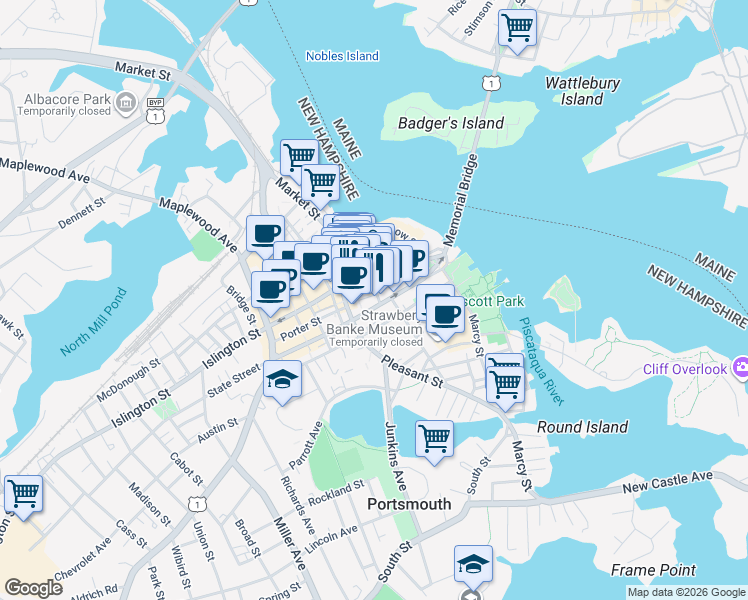 map of restaurants, bars, coffee shops, grocery stores, and more near 60 Penhallow Street in Portsmouth