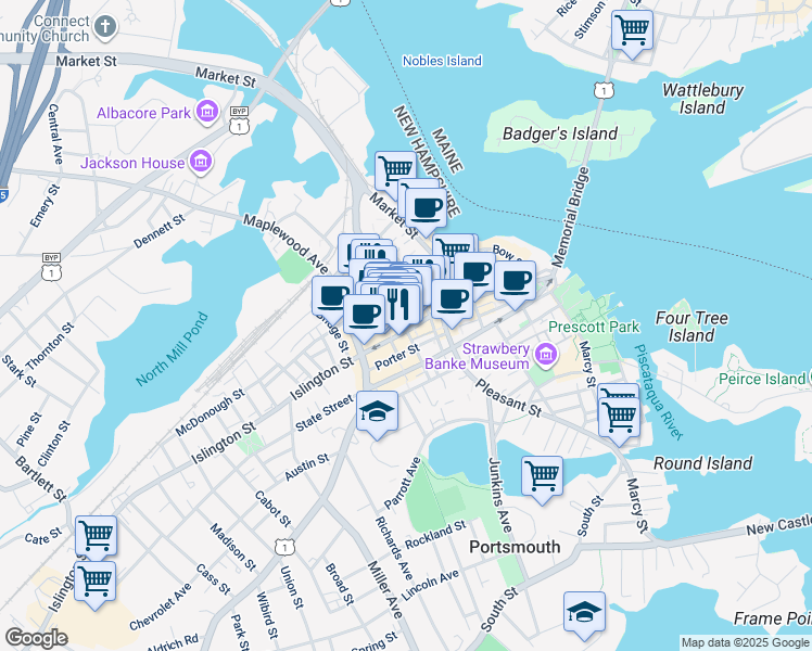 map of restaurants, bars, coffee shops, grocery stores, and more near in Portsmouth
